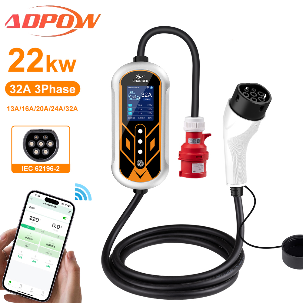 ADPOW-cargadores portátiles 32 - Portable Ev Charger 32A Type 2 Cee Plug reseña y precio