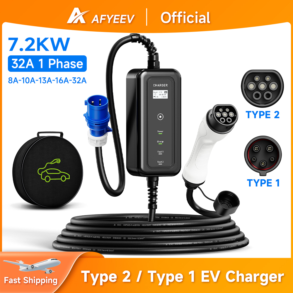 AFYEEV-cargador EV portátil pa - Portable Ev Charger 32A Type 2 Cee Plug reseña y precio